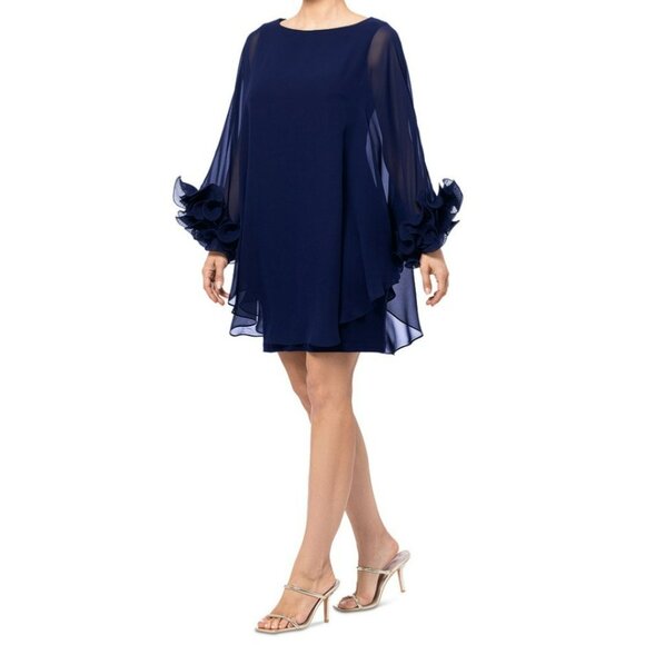 Xscape Navy Blue Dress Size 22W Ruffle Sleeve Sheer Overlay Evening Gown - Picture 2 of 8